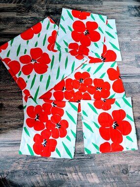 VTG 1970s Flower Power Burlington King Sheet Set Orange Red Poppy Retro Linens